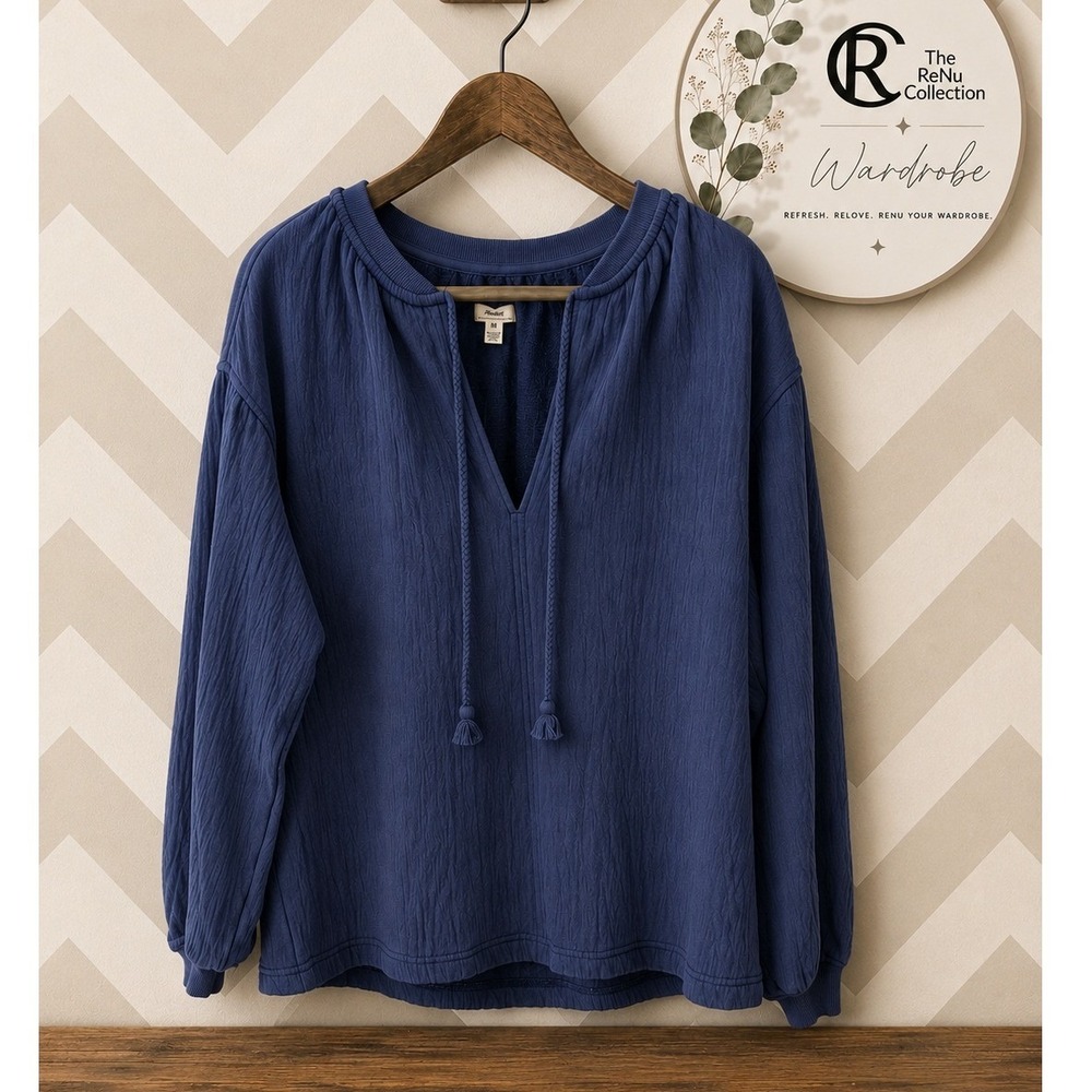 Aerie Textured Gauze Sweatshirt Split Neck Tassel Tie Navy Blue XXS NWT - Picture 1 of 12